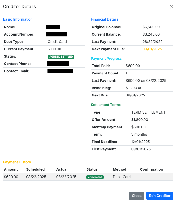 Detailed Creditor View